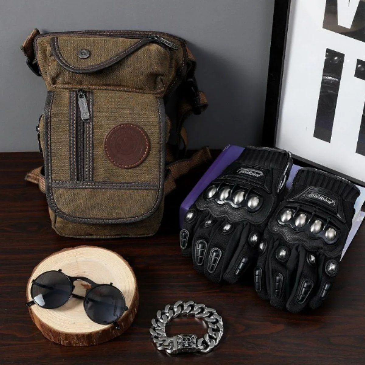 Premium Biker Bundle - Leg Bag, Bracelet, Sunglasses & Gloves