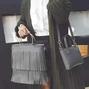 PU Leather Multilayer Fringe Metal Tote Bag - Deep Gray