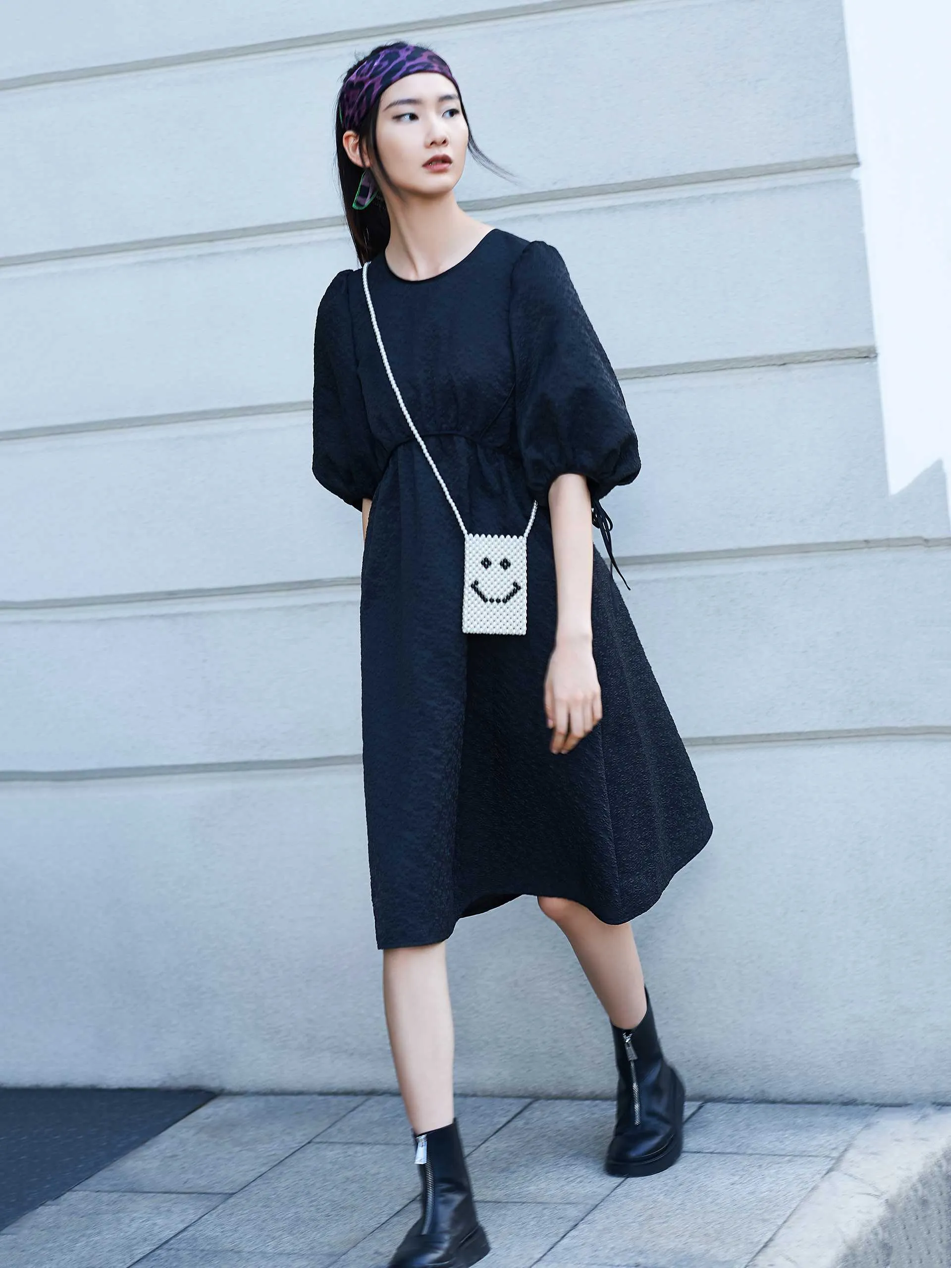 Puff Sleeve Textured Dress
