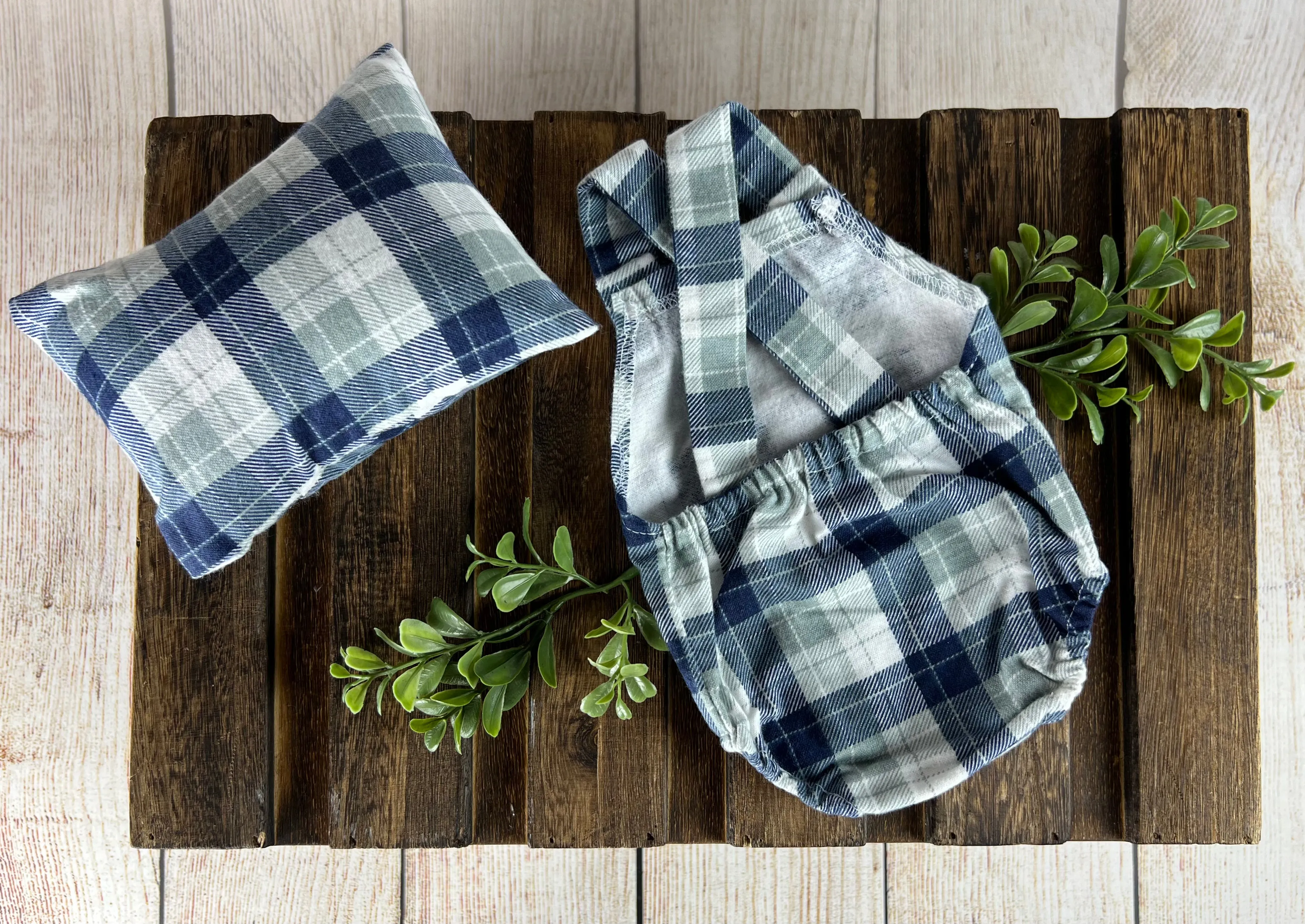 Sleeveless Romper with Mini Pillow - Checkered Blue