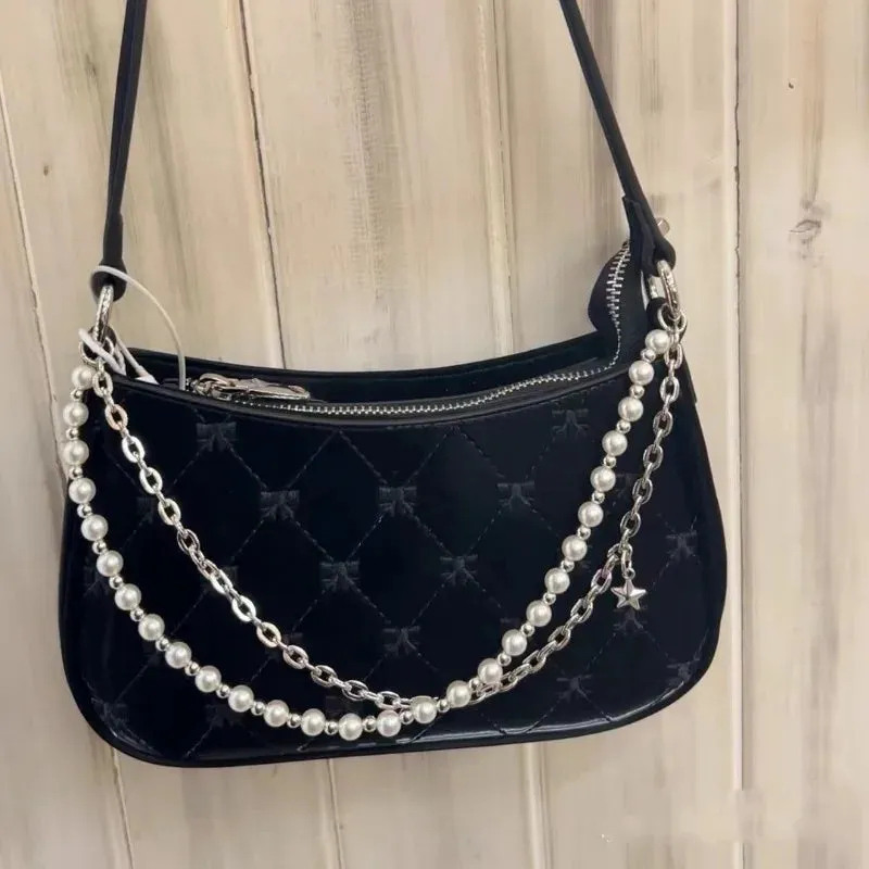 TAVIMART  -  Pink Womens Shoulder Bag Elegant Cute Bow Pearl Chains Bow Embroidery Handbag Casual Leather Korean Fashion Female Handbag