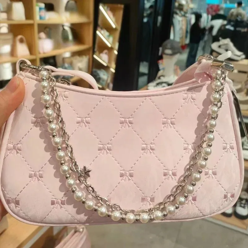 TAVIMART  -  Pink Womens Shoulder Bag Elegant Cute Bow Pearl Chains Bow Embroidery Handbag Casual Leather Korean Fashion Female Handbag