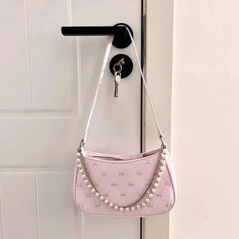 TAVIMART  -  Pink Womens Shoulder Bag Elegant Cute Bow Pearl Chains Bow Embroidery Handbag Casual Leather Korean Fashion Female Handbag
