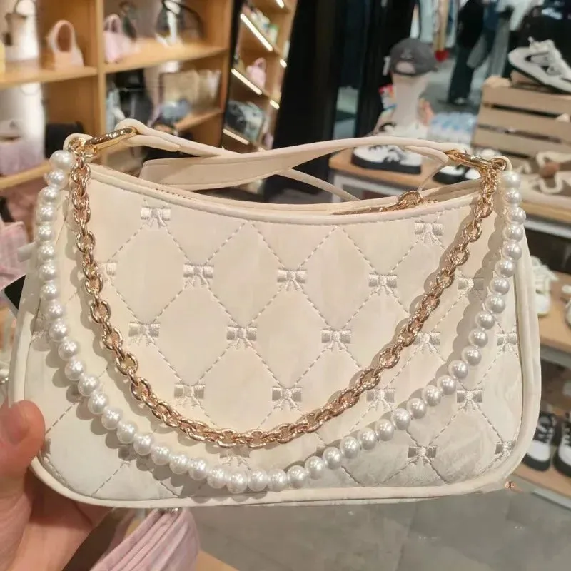 TAVIMART  -  Pink Womens Shoulder Bag Elegant Cute Bow Pearl Chains Bow Embroidery Handbag Casual Leather Korean Fashion Female Handbag