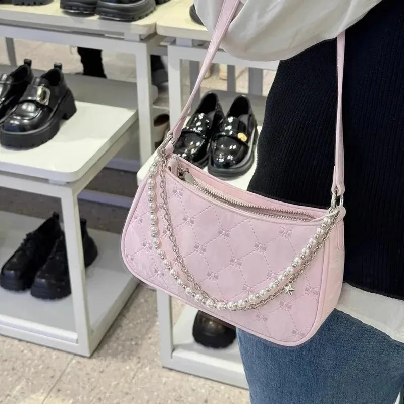 TAVIMART  -  Pink Womens Shoulder Bag Elegant Cute Bow Pearl Chains Bow Embroidery Handbag Casual Leather Korean Fashion Female Handbag
