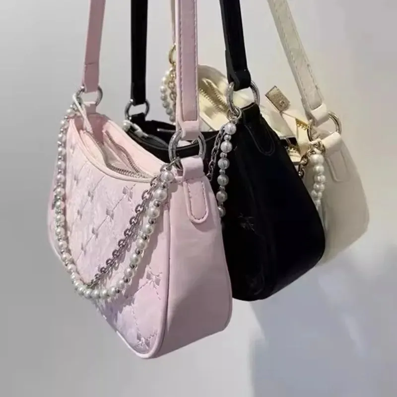 TAVIMART  -  Pink Womens Shoulder Bag Elegant Cute Bow Pearl Chains Bow Embroidery Handbag Casual Leather Korean Fashion Female Handbag