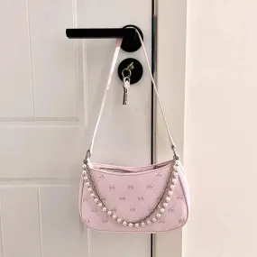 TAVIMART  -  Pink Womens Shoulder Bag Elegant Cute Bow Pearl Chains Bow Embroidery Handbag Casual Leather Korean Fashion Female Handbag