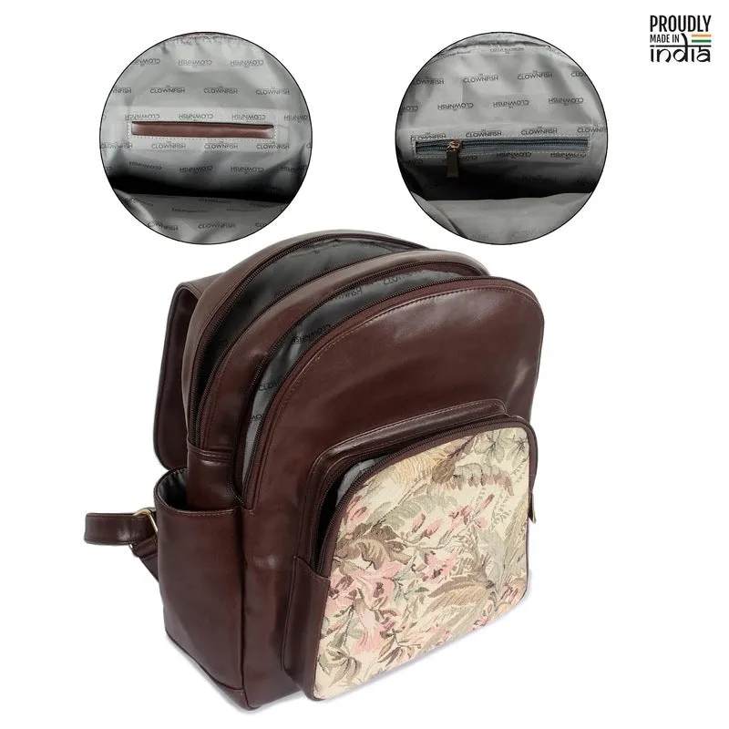 THE CLOWNFISH Medium Size Minerva Faux Leather & Tapestry Women's Standard Backpack College School Bag Casual Travel Standard Backpack For Ladies Girls (Blue-Stripes), 10 Litre