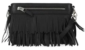 Women's Fringe Zippered Leather Hip Bag - Black